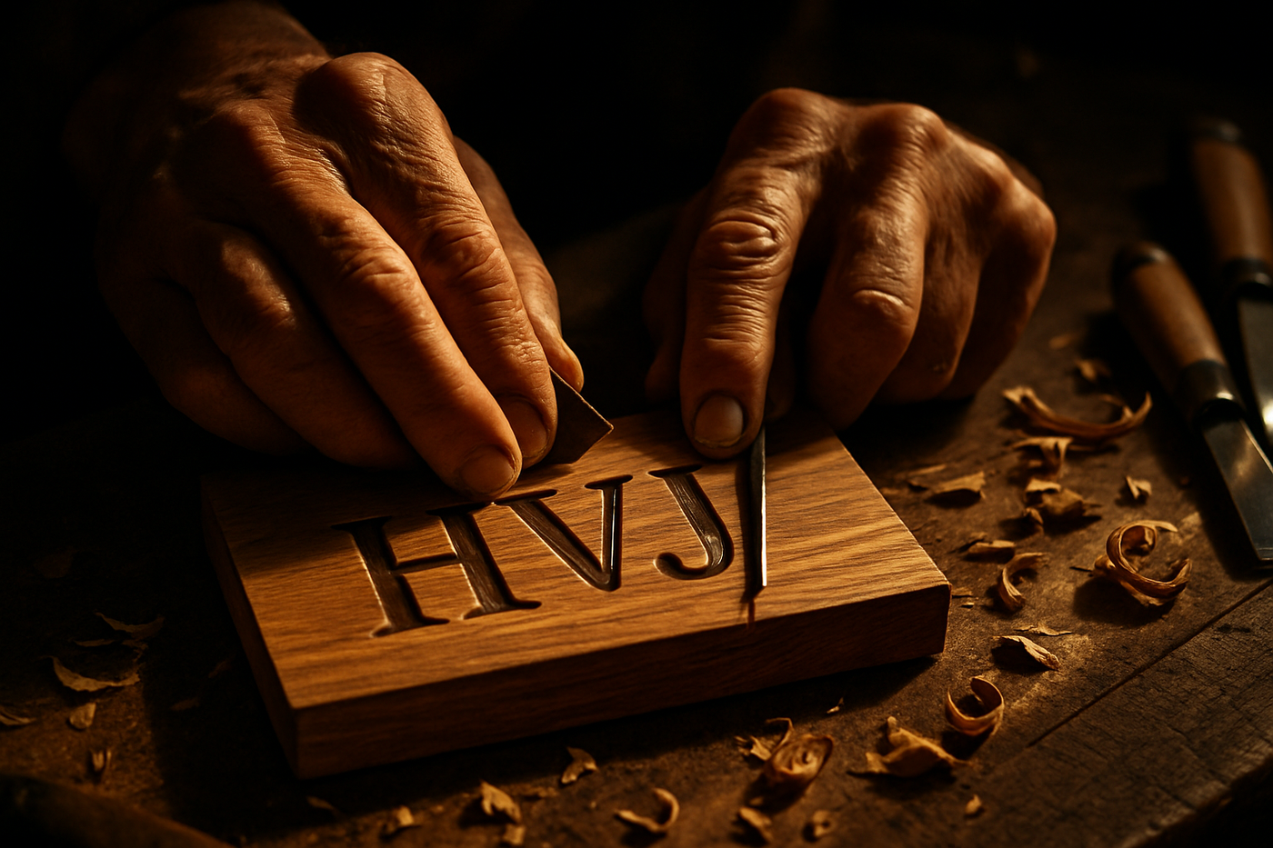 change wooden block to wooden nameplate with letters HVJ on it